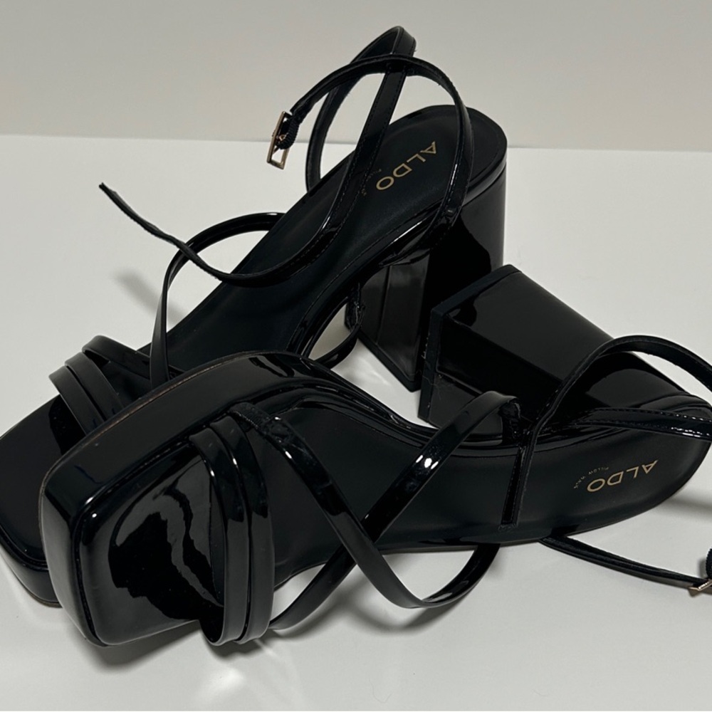 Aldo Glossy Black Strappy Heels